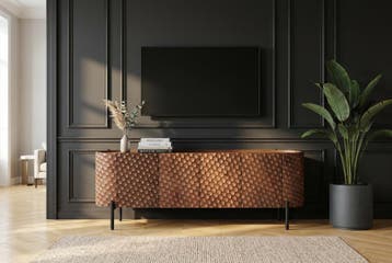 TV-bord ADLON 160 cm 3D massief mangohout met zwart frame -, Huis en Inrichting, Kasten | Televisiemeubels, Ophalen of Verzenden