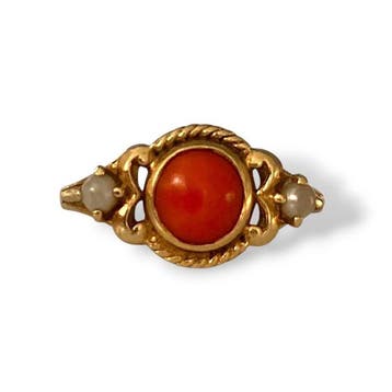 Ring - 14 karaat Geel goud Bloedkoraal - Parel, Sieraden, Tassen en Uiterlijk, Nieuw