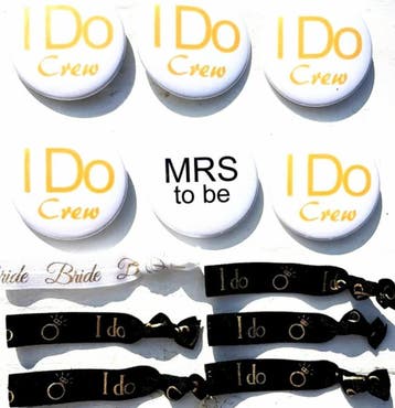 12-delige set met 6 armbanden + 6 buttons Bride en I Do Crew, Verzenden, Nieuw, Feestartikel, Geboorte of Huwelijk