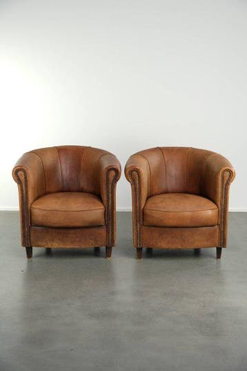 Joris - Fauteuil (2) - Schapenleer - Set clubfauteuils, Antiek en Kunst