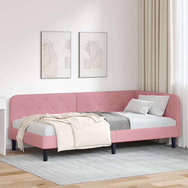 vidaXL Hoekbedframe Roze 100 x 200 cm Fluweel, Huis en Inrichting, Slaapkamer | Bedden, Nieuw, Stof, Verzenden