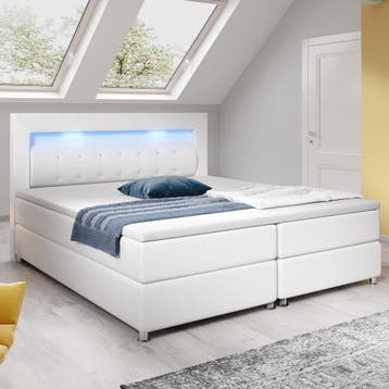 Boxspringbed Montana - 180 x 200 cm - Wit - LED Verlichting, Verzenden, Nieuw