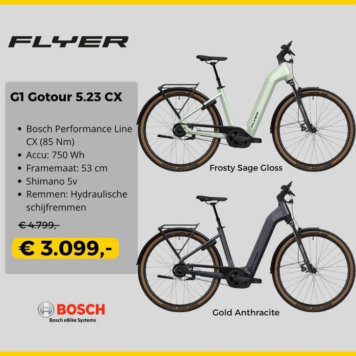 Flyer Gotour 5.23 CX – Bosch CX / 750Wh, Fietsen en Brommers, Elektrische fietsen, 50 km per accu of meer, Nieuw, Overige merken