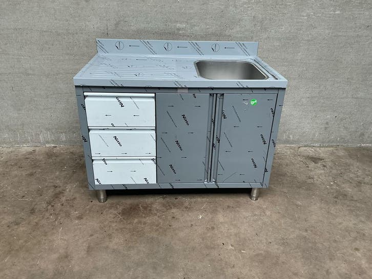 Spoeltafel met draaideuren en 3 laden 1 bak rechts 120cm, Zakelijke goederen, Horeca | Keukenapparatuur, Nieuw in verpakking, RVS Meubilair