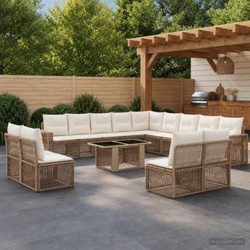 vidaXL Tuinbankenset 14 st Beige en Crème Wit poly rattan, Verzenden, Nieuw