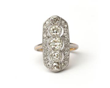 14 krt. Gouden, platina Art Deco prinsessen ring met diamant, Gebruikt