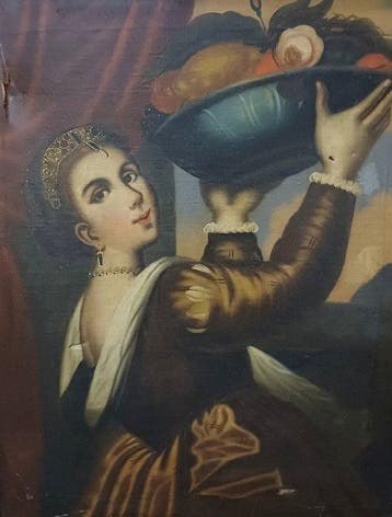 Scuola italiana (XIX), Da Tiziano - Donna con cesto di