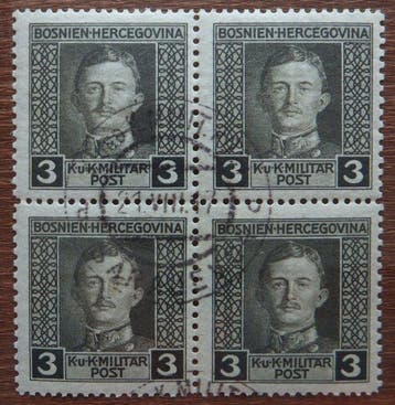 Oostenrijk 1917 - Bosnië 124 C viererblok Zeldzame gemengde, Gestempeld