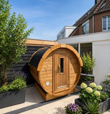 Barrel Sauna | Buitensauna | Compact Thermowood, Ophalen of Verzenden, Nieuw, Fins of Traditioneel, Complete sauna