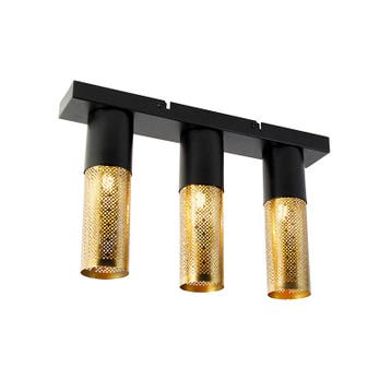 Industriële plafondlamp zwart met goud langwerpig 3-lichts, Verzenden, Nieuw, Industrieel