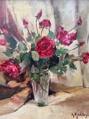Agnie Maldague (1927-1993) - Vaas met roze rozen, Antiek en Kunst