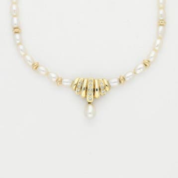 Halsketting - 14 karaat Geel goud - Diamant - Parel, Nieuw