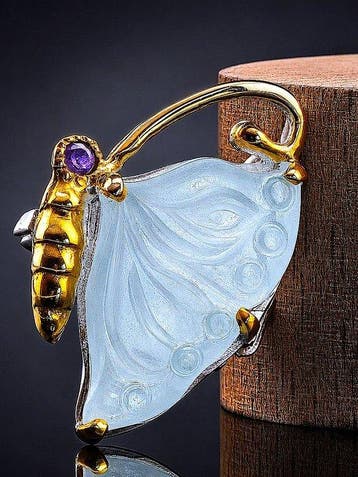 Aquamarijn - Zilver, 925 - Broche - Unieke Vlinder