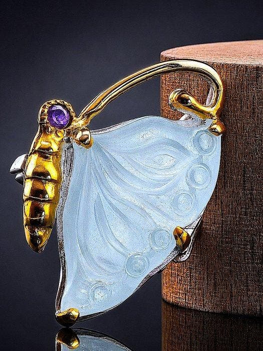 Aquamarijn - Zilver, 925 - Broche - Unieke Vlinder, Verzamelen, Mineralen en Fossielen