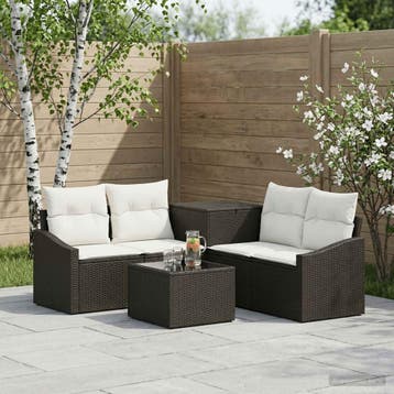 vidaXL Bankstel 6 st Zwart en Cream Wit Poly Rattan en Staal, Verzenden, Nieuw