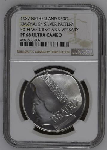 Koningin Beatrix 50 gulden 1987 Proefslag 50 jaar huwelijk, Postzegels en Munten, Koningin Juliana, Verzenden, Zilver, Losse munt