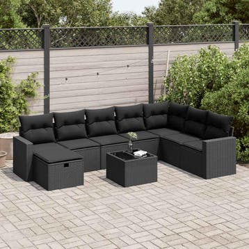vidaXL 9-delige Loungeset met kussens poly rattan zwart, Verzenden, Nieuw, 8 zitplaatsen, Loungeset
