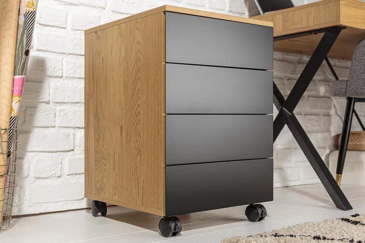 Moderne rolcontainer STUDIO 40cm zwart eikenlook 4 lades -, Huis en Inrichting, Bureaus, Ophalen of Verzenden