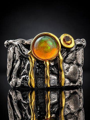 Opal Ring - 925 sterlingzilver - zwart rhodium