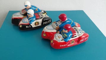 Daiya - Brandweer en Politie zijspan motoren - Opwindbaar, Antiek en Kunst