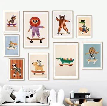 Grappige Dieren Canvas Poster –Kinderkamer Skateboard Dieren, Verzenden, Nieuw