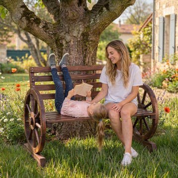 Tuinbank Howdy, wagenwielontwerp, gevlamd massief hout, Verzenden, Nieuw