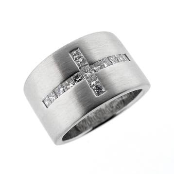 Witgouden ring met kruis van diamanten 0,60 ct., 18 tot 19, Gebruikt, Ophalen of Verzenden, Dame
