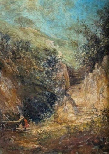 Italiaanse school (XX) - Paesaggio con donna alla fontana