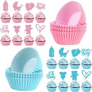 Cupcake prikkers en taart topper pakket Gender reveal, Verzenden, Nieuw, Taarten of Cupcakes, Versiering