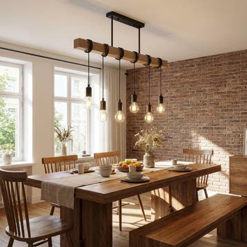 Landelijke Hanglamp Hout | 80CM | 6 x E27 fitting | Zwart, Ophalen of Verzenden, Nieuw, Landelijk, E27 (groot)