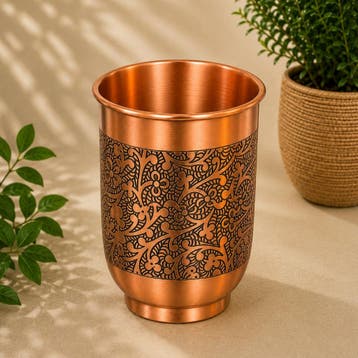 Puur koperen beker gebogen met bloemmotief – 370 ml/165 g, Ophalen of Verzenden, Nieuw