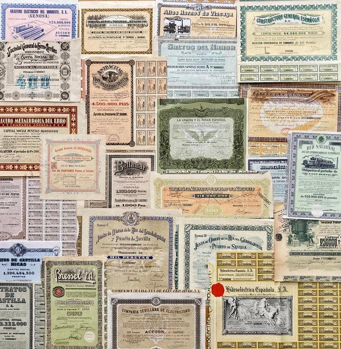 24 Acciones y bonos España. Desde 1904 hasta segunda mitad, Antiek en Kunst, Antiek | Speelgoed
