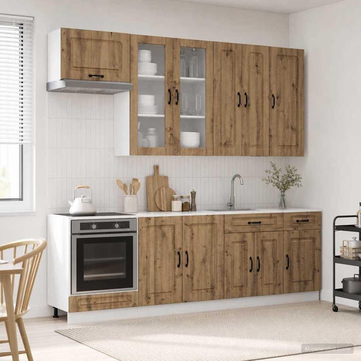 vidaXL Keukenblok KALMAR 8 st Artisanaal eiken Bewerkt hout, Huis en Inrichting, Keuken | Keukenelementen, Bruin, Nieuw, Verzenden