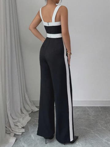 Elegante Zwart-Witte Jumpsuit met Vierkante Hals en Contrast, Verzenden, Nieuw
