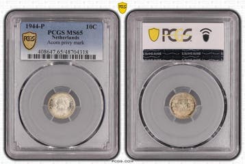 Koningin Wilhelmina 10 cent 1944 EP MS65 PCGS gecertificeerd, Verzenden, Zilver, 10 cent, Koningin Wilhelmina