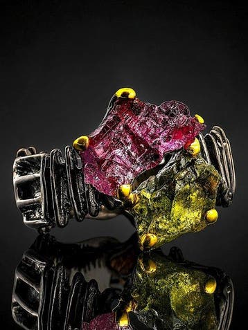 Ruwe roze- en groene tourmalijnring - 925 sterling zilver -