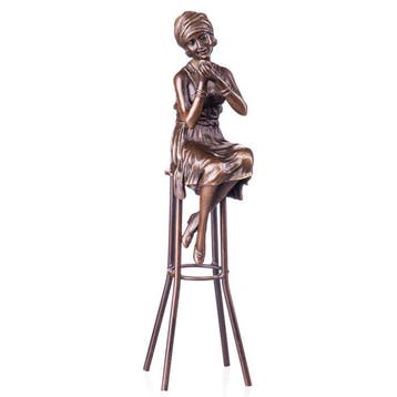 Figuur - Art Deco Bronzefigur Frau auf Hocker - Brons, Antiek en Kunst