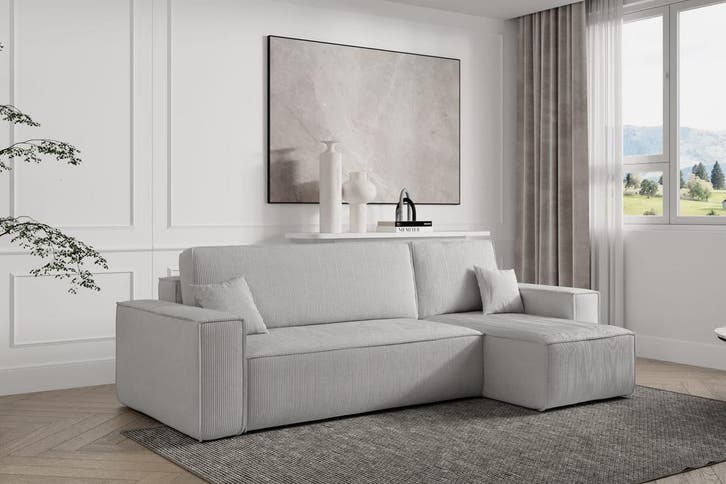 Hoekbank Ribstof Karlo Grijs | Universeel | €449,-, Huis en Inrichting, Banken | Bankstellen, 200 tot 250 cm, 100 tot 125 cm, Hoekbank
