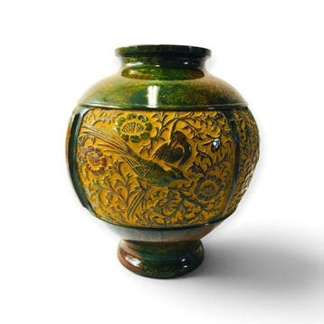 Yoshihide Takaoka gegoten bronzen vaas met vogel-en-bloem, Antiek en Kunst