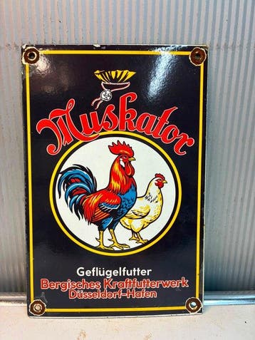 Muskator Geflügelfutter – Düsseldorf – Emaille Reclamebord -