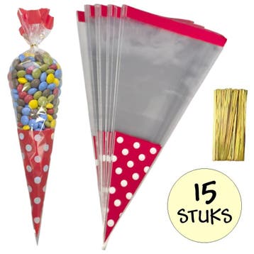 Fako Bijoux - 15x Cellofaan Puntzakken Rode Stippen 37x18cm, Diversen, Verzenden, Nieuw