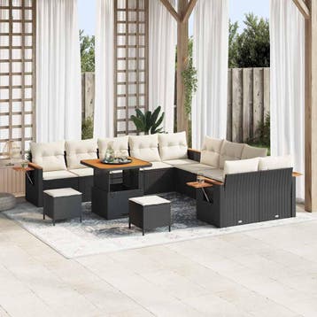 vidaXL Tuinbankenset 17 st 10-zits Zwart en Crème poly, Verzenden, Nieuw, 7 zitplaatsen