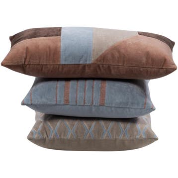 WOOOD Laon Kussens - Velvet stof - Naturel/Blauw - Set Van 3, Nieuw