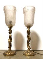 1900 - Lamp (2) - Messing, Glas - Antiquiteit