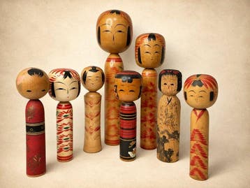 Set van 8 traditionele Japanse kokeshi-poppen – vintage