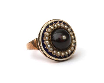 BWG roségouden ring met parels, granaat en blauw emaille, Gebruikt
