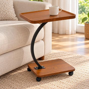 Bijzettafel op wieltjes – C-vorm – vintage bruin/zwart, Huis en Inrichting, Minder dan 55 cm, Nieuw, Industrieel/Vintage, 60 cm of meer