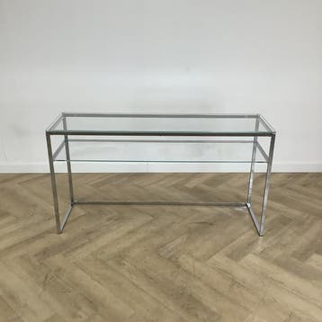 Glazen design sidetable, (hxbxd) 79x148x44 cm, glas - chroom, Huis en Inrichting, Ophalen of Verzenden, Gebruikt