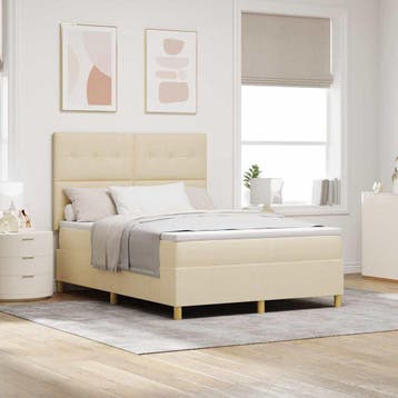vidaXL LED Box Spring Bed met hoofdeinde Crème 140 x 190 cm, Verzenden, Nieuw, Crème, Stof