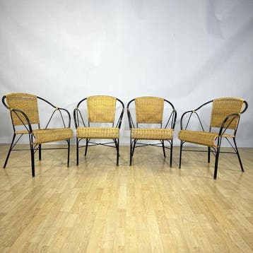 Stoel - Rattan, Smeedijzer - Set van vier vintage